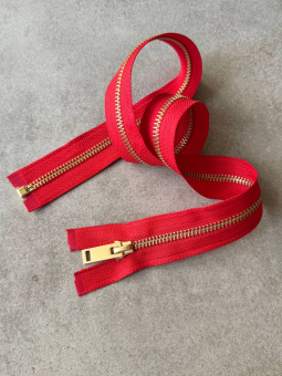 Молния разъёмная красная, звено Т5 металл цвет матовое золото длина 65 см МКК/65/61287 по цене 665 руб./штука